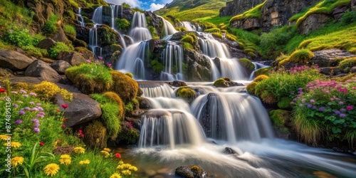 Refreshing spring waterfall cascading through mossy rocks surrounded by vibrant wildflowers, waterfall