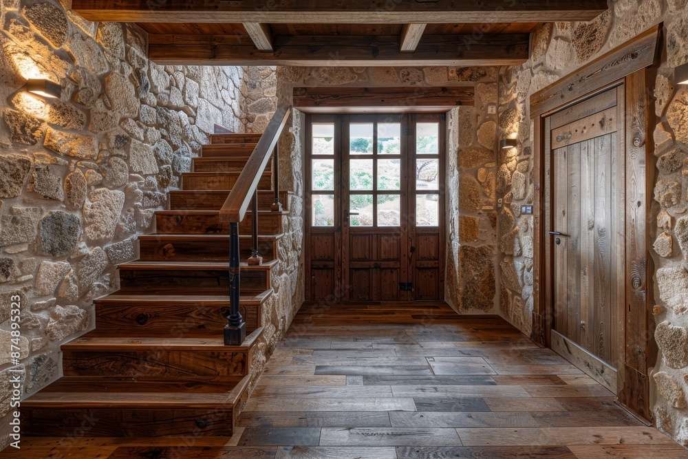 Wooden staircase and stone cladding wall in rustic hallway. Cozy home interior design of modern entrance hall with door. Generative AI Wooden staircase and stone cladding wall in rustic hallway. Cozy home interior design of modern entrance hall with door. Generative AI