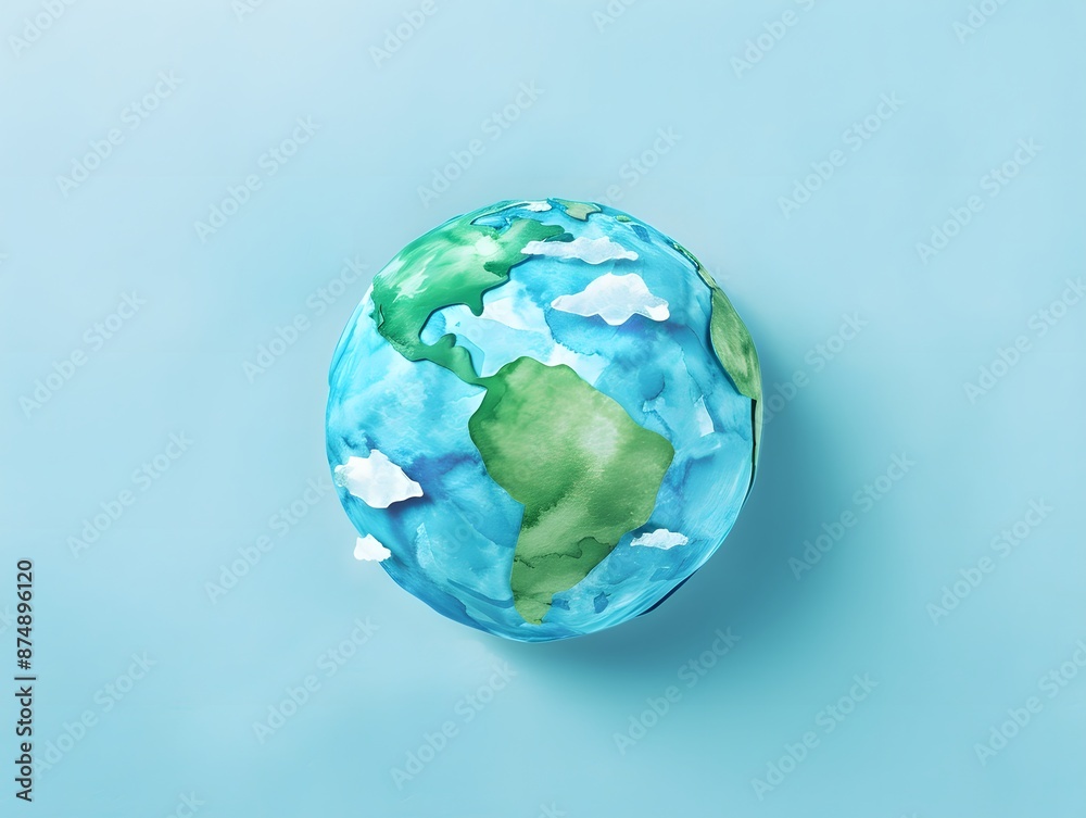 A handmade paper globe against a light blue background. The globe is made of paper and painted to look like Earth. A handmade paper globe against a light blue background. The globe is made of paper and painted to look like Earth.