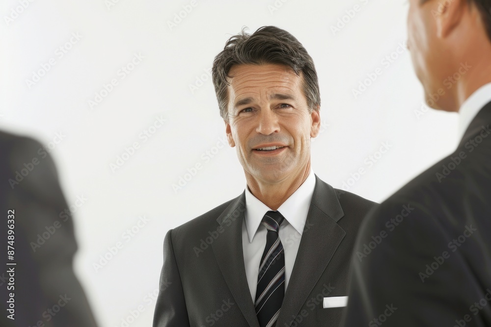 Hotel manager discussing event arrangements with a team, wearing a suit and tie, looking confident, Portrait half-body, hyper-realistic, high detail, photorealistic, white background, studio Hotel manager discussing event arrangements with a team, wearing a suit and tie, looking confident, Portrait half-body, hyper-realistic, high detail, photorealistic, white background, studio