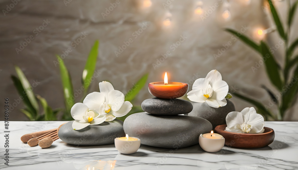 Beautiful composition with spa stones on white marble table. Generative AI. Beautiful composition with spa stones on white marble table. Generative AI.