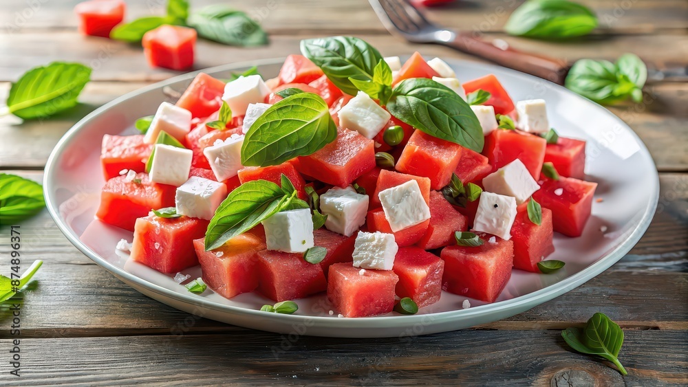 Refreshing summer salad with juicy watermelon cubes, fresh basil leaves, and crumbled feta cheese on a white plate