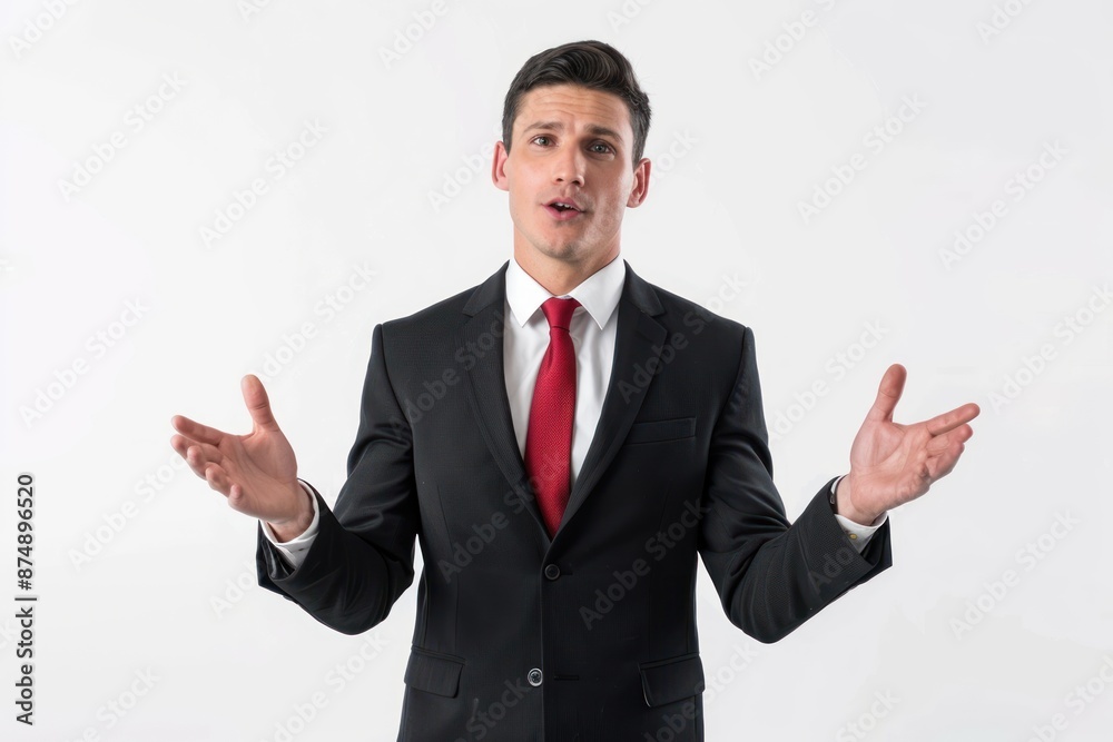 Hotel manager presenting at a staff meeting, wearing a suit and tie, looking authoritative and confident, Portrait half-body, hyper-realistic, high detail, photorealistic, white background, studio