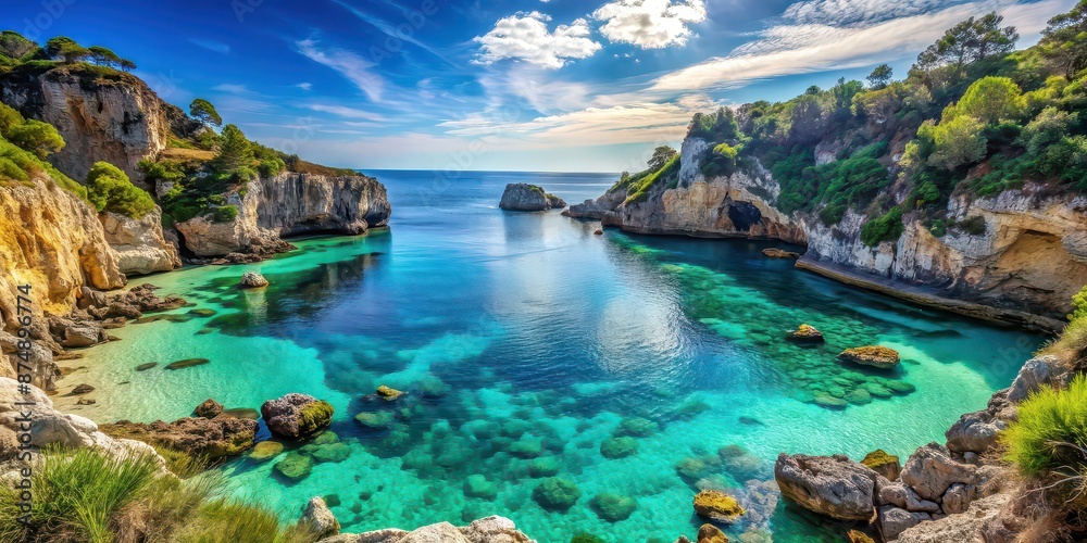 Fototapeta premium Majestic cove surrounded by cliffs and crystal clear waters, coastline, rocks, cliffs, clear water, tranquil, secluded