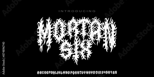 Dark Lettering tattoo vector type font in bloody style. Grunge type font with Gothic Punk Rock elements. Scary music font concept. Horror style lettering .Vector illustration