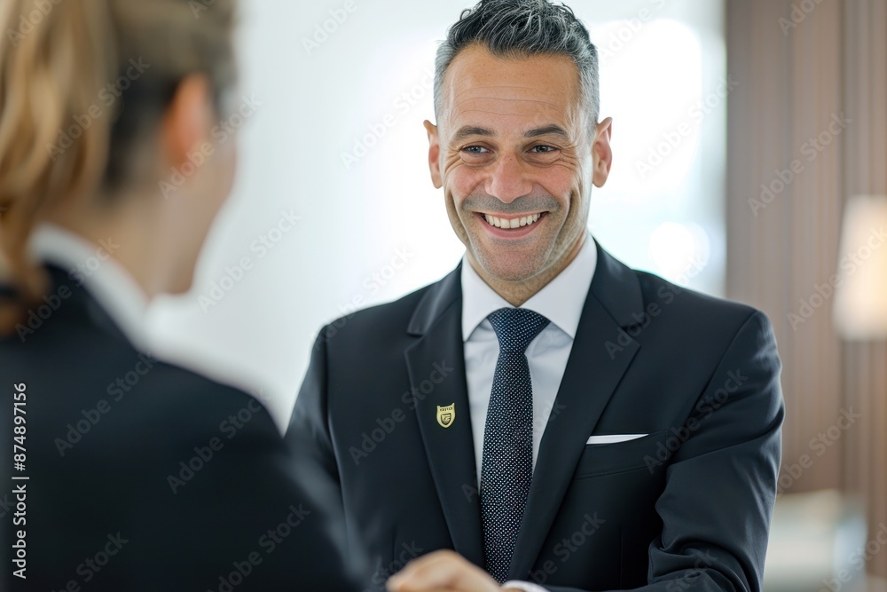 Hotel manager greeting business clients, wearing a suit and tie, smiling warmly, shaking hands, Portrait half-body, hyper-realistic, high detail, photorealistic, white background, studio lighting, Hotel manager greeting business clients, wearing a suit and tie, smiling warmly, shaking hands, Portrait half-body, hyper-realistic, high detail, photorealistic, white background, studio lighting,