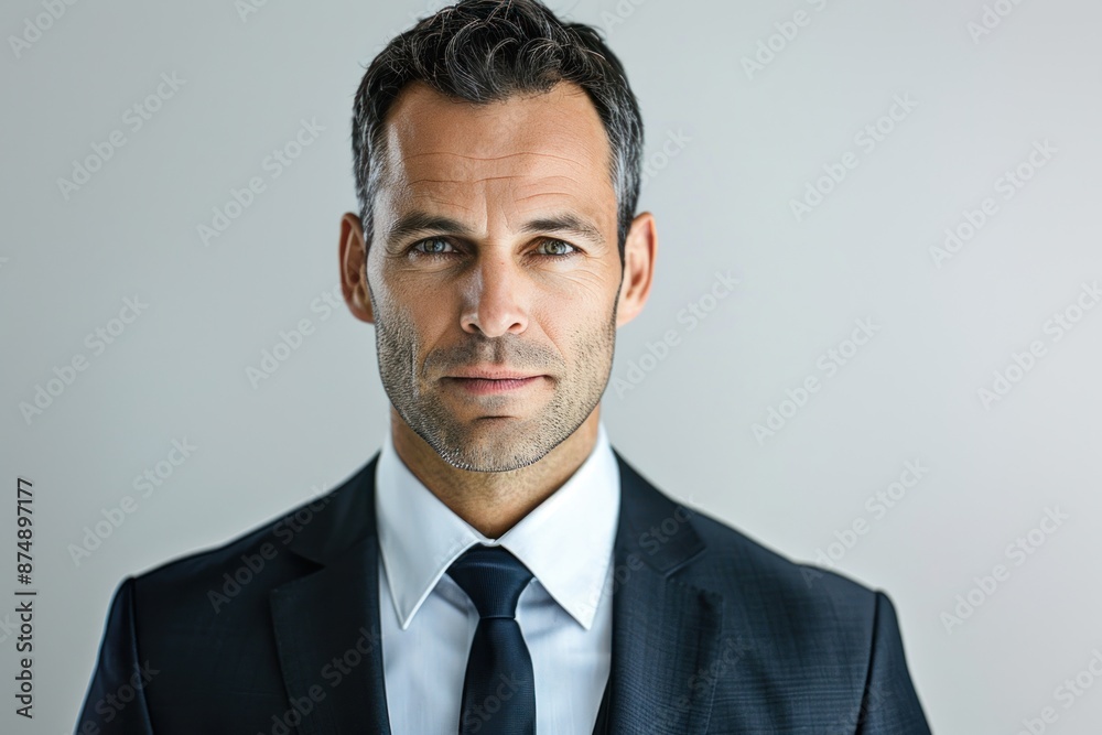 Hotel manager reviewing staff performance, dressed in a professional suit, looking serious and focused, Portrait half-body, hyper-realistic, high detail, photorealistic, white background, studio Hotel manager reviewing staff performance, dressed in a professional suit, looking serious and focused, Portrait half-body, hyper-realistic, high detail, photorealistic, white background, studio