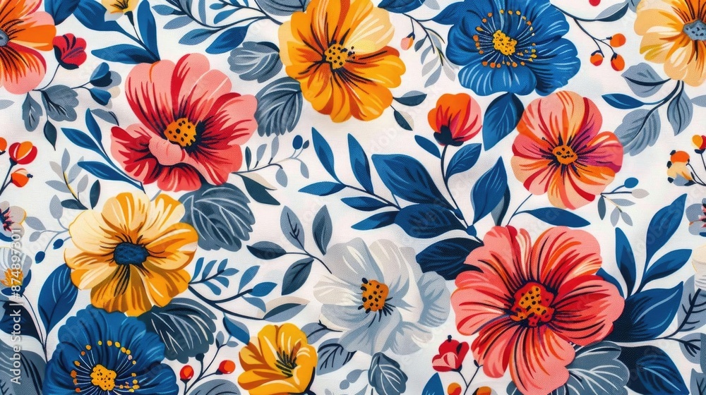 Elegant vine flower fabric pattern with vibrant blooms and delicate leaves, set against a pristine white background Elegant vine flower fabric pattern with vibrant blooms and delicate leaves, set against a pristine white background