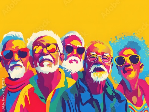 Five diverse senior adults wearing sunglasses with colorful, vibrant backgrounds.