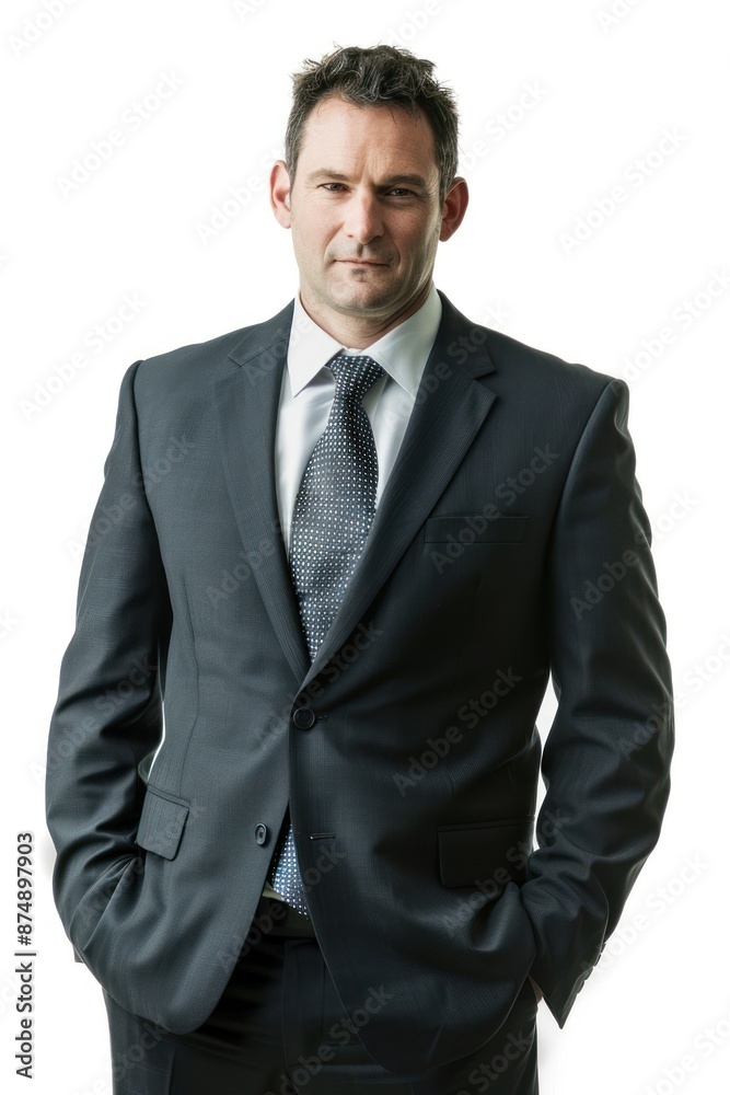 Hotel manager presenting new policies to staff, wearing a suit and tie, looking authoritative and confident, Portrait half-body, hyper-realistic, high detail, photorealistic, white background, studio Hotel manager presenting new policies to staff, wearing a suit and tie, looking authoritative and confident, Portrait half-body, hyper-realistic, high detail, photorealistic, white background, studio