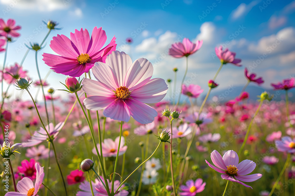 A field of cosmos flowers swaying in the breeze, generative ai A field of cosmos flowers swaying in the breeze, generative ai