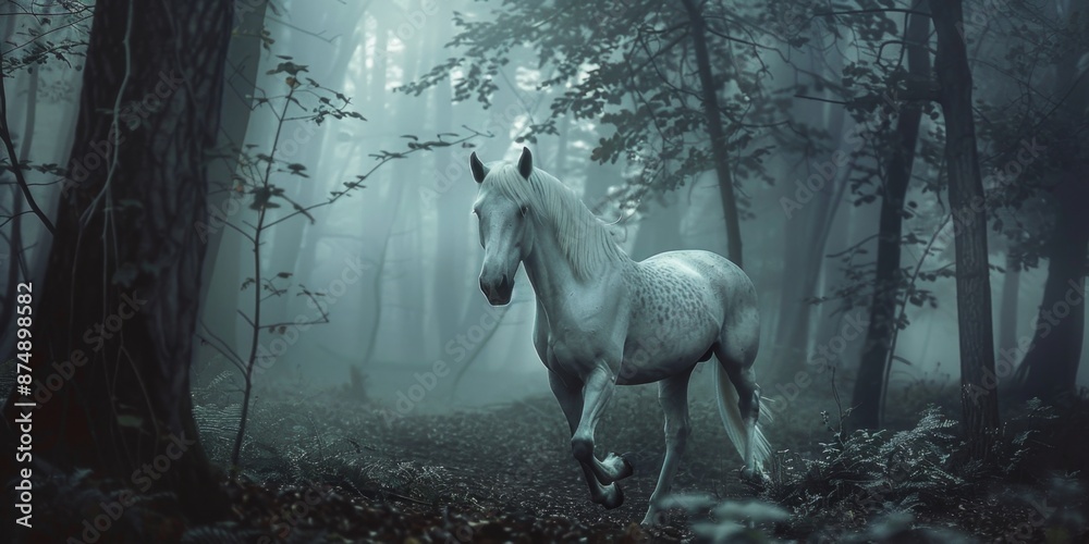 Fototapeta premium Dark, misty forest, full of spooky atmosphere, running white horse, Halloween, night forest horror atmosphere, nature, outdoors, perfect for gothic and mysterious environments. , HD wallpapers, , back