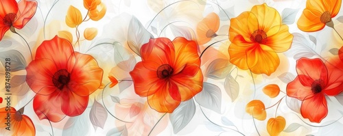 Artistic vine flower fabric pattern with vibrant petals and delicate leaves, set against a bright white background