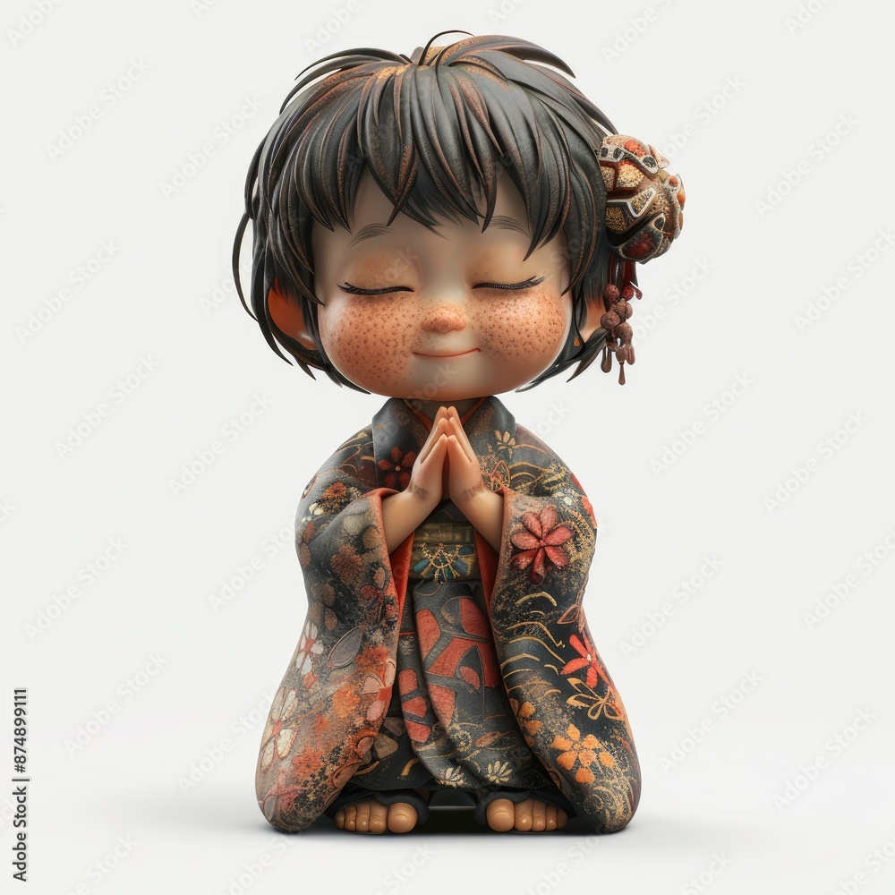 Japanese Boy In Traditional Clothes With Hands Clasped In Prayer, 3D Rendering, Japanese Boy In Traditional Clothes With Hands Clasped In Prayer, 3D Rendering,