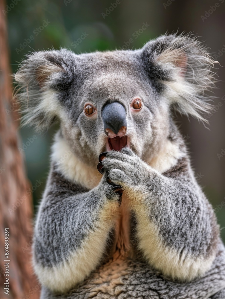 Fototapeta premium A very surprised and shocked koala with its mouth open and paws touching its head. Funny inspired animal