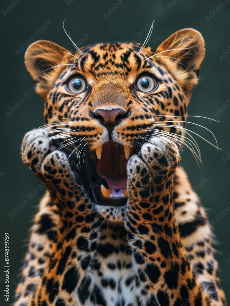 Fototapeta premium A very surprised and shocked leopard with its mouth open and paws touching its head. Funny inspired animal
