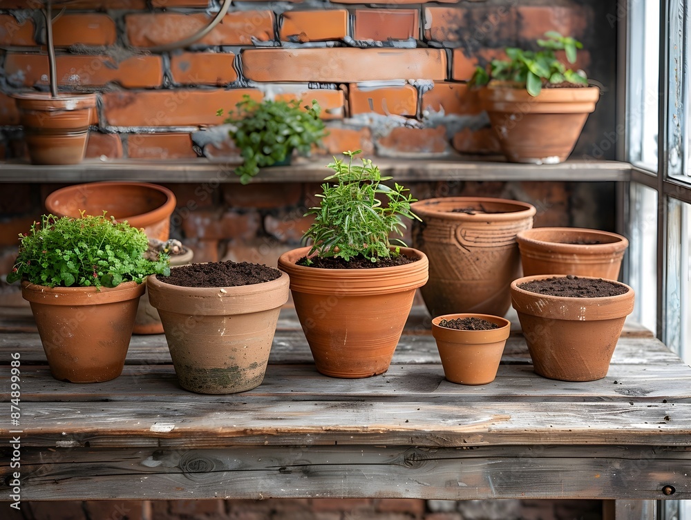 Selection of Natural Clay Pots and Organic Soil on Wooden Table Ready for Planting Selection of Natural Clay Pots and Organic Soil on Wooden Table Ready for Planting