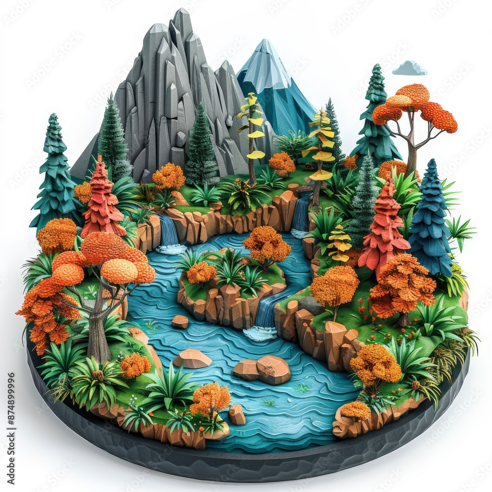 Fototapeta premium Illustration Of A Landscape With Trees, Bushes, And A River, Creating An Abstract Nature Background