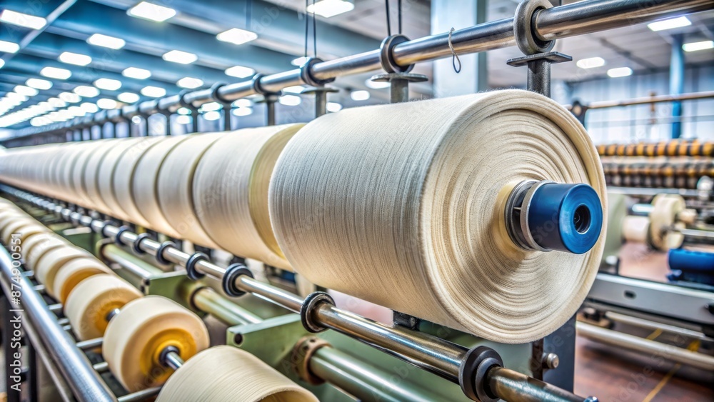 A neatly placed roll of industrial cotton fabric on a metal machine spindle awaiting processing for garment manufacturing purposes. A neatly placed roll of industrial cotton fabric on a metal machine spindle awaiting processing for garment manufacturing purposes.
