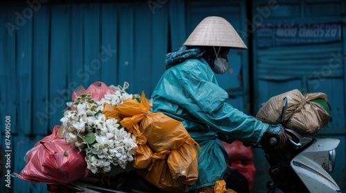 A person on a motorbike transporting various goods wrapped in plastic bags and fresh flowers, wearing a protective mask and hat, set against a blue corrugated wall.