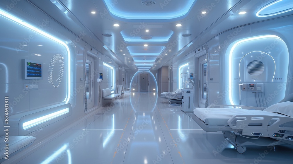 A futuristic hydrogen-powered medical facility with advanced equipment and clean energy systems A futuristic hydrogen-powered medical facility with advanced equipment and clean energy systems