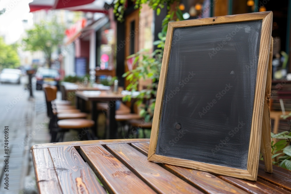 Blank restaurant store sign or menu board near restaurant entrance. Outdoor Mockup of a sign on a board Blank restaurant store sign or menu board near restaurant entrance. Outdoor Mockup of a sign on a board