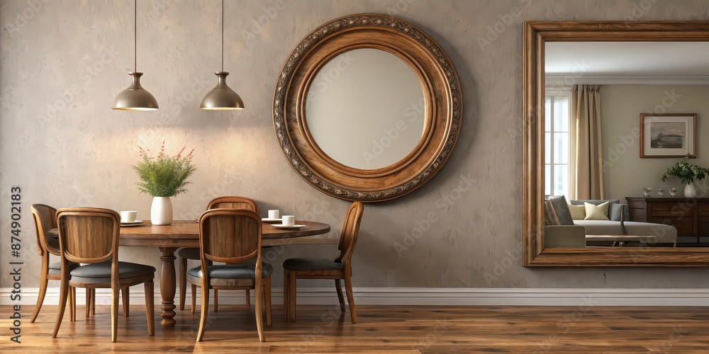 Old antique oval wooden frame mockup hanging on wall in elegant dining room , vintage, retro, classic, museum, interior design