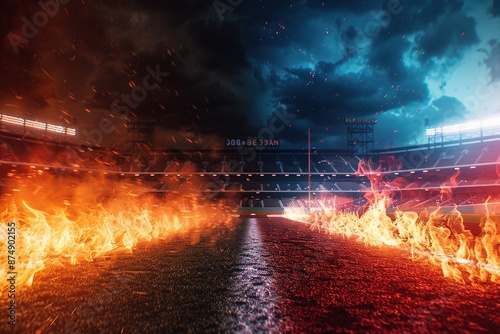 a baseball stadium, ultra realistic baseball bat hitting fire baseball causing explosion between bat and ball, isolated on black background