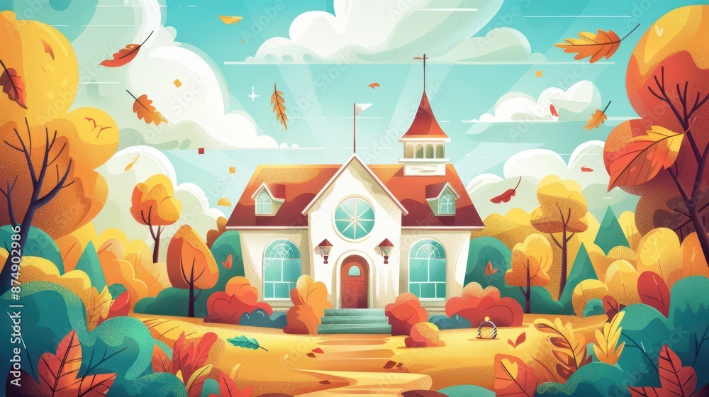 an illustration of a house surrounded by trees