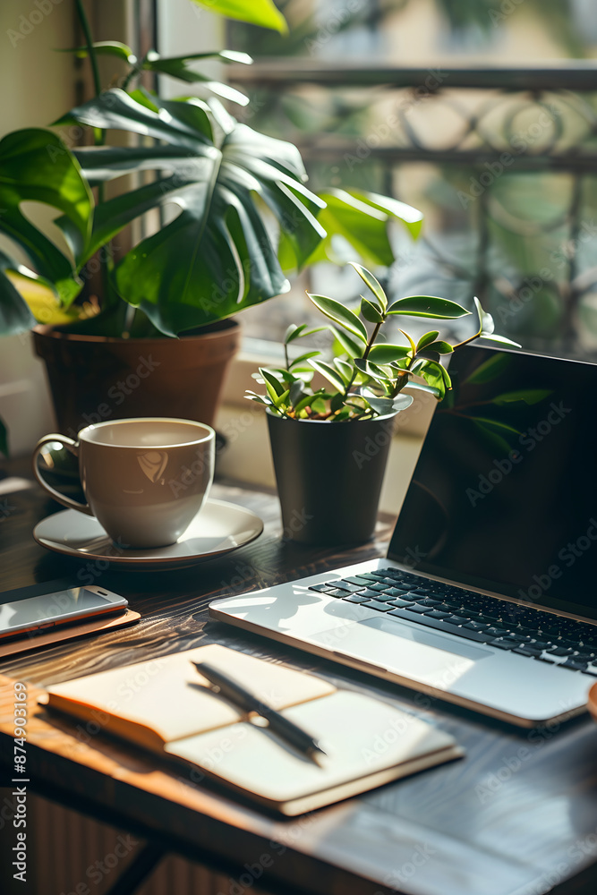 Modern Workspace with Laptop, Notebook, Pen, Coffee, and Potted Plant - Perfect Illustration of Productivity and Organization Modern Workspace with Laptop, Notebook, Pen, Coffee, and Potted Plant - Perfect Illustration of Productivity and Organization