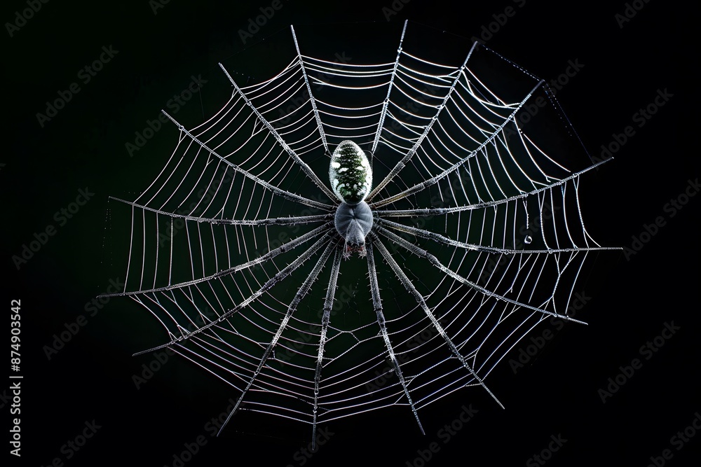 Obraz premium Close-up of a spider on a flawless web against black background, showcasing intricate patterns
