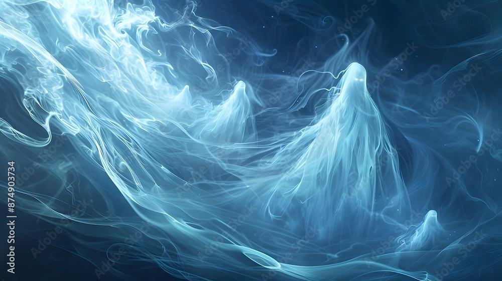 Digital illustration of an abstract background featuring ghostly figures and wisps of light. The design evokes a sense of the unknown and the mystical, making it an engaging visual experience. Digital illustration of an abstract background featuring ghostly figures and wisps of light. The design evokes a sense of the unknown and the mystical, making it an engaging visual experience.