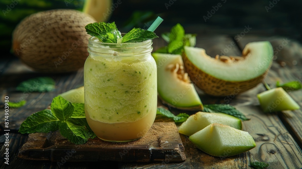 Refreshing melon smoothie with fresh mint leaves in a jar placed on wooden board. Sliced melon pieces around create a vibrant and healthy scene. Refreshing melon smoothie with fresh mint leaves in a jar placed on wooden board. Sliced melon pieces around create a vibrant and healthy scene.