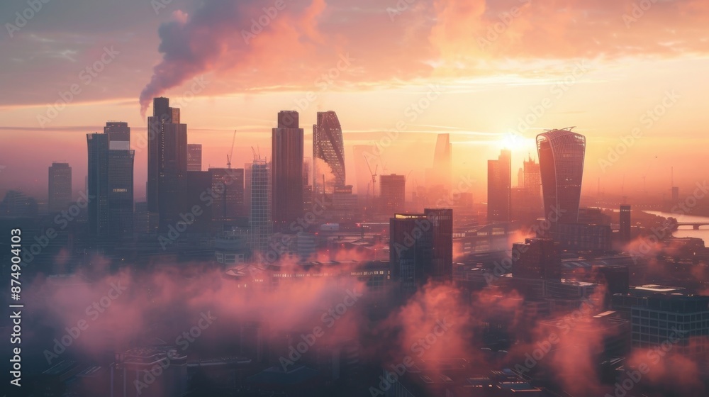 Fototapeta premium City Skyline in Misty Morning Light, Futuristic Cityscape with Tall Buildings and Smoky Haze at Sunrise