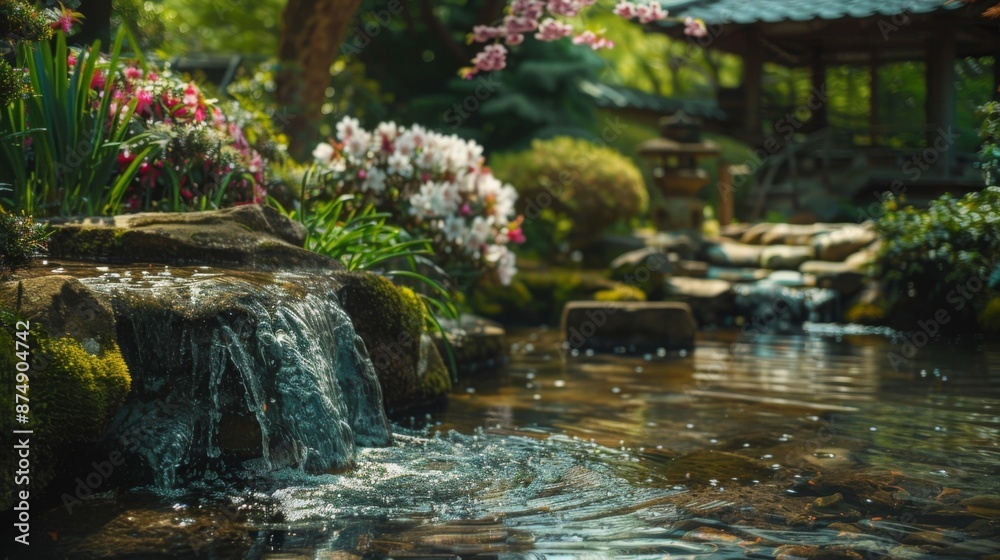 Fototapeta premium Serene Japanese garden with flowing stream, vibrant flowers, and traditional pavilion in the background drawing a tranquil and peaceful scene