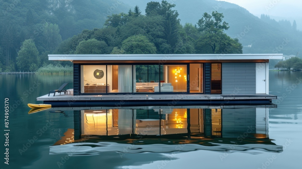 A serene, hydrogen-powered floating home on a peaceful lake, blending technology with nature A serene, hydrogen-powered floating home on a peaceful lake, blending technology with nature