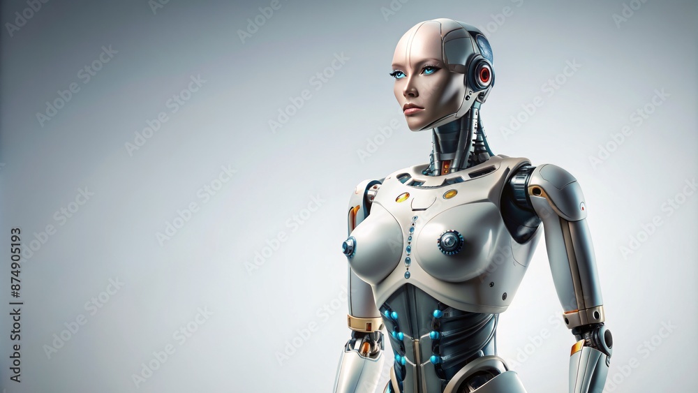 Fototapeta premium Sleek and curvaceous humanoid robot with feminine features standing against a pristine white background, abundant copy space, high-resolution PNG file.