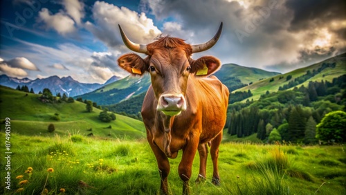 A majestic brown cow with prominent horns and a gentle gaze stands alone in a lush green meadow landscape.