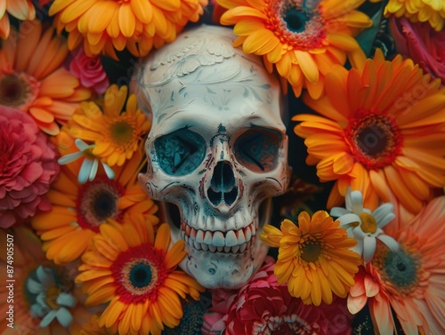 Skull surrounded by flowers