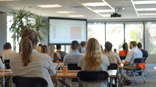 Energizing Corporate Wellness Seminar: Employees Engaged in Stress Management Workshop in Bright Office Setting