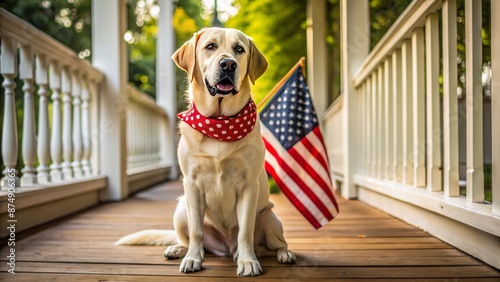 A proud Labrador Retriever dog sits alone by a porch, wearing a stars-and-stripes bandana, celebrating Independence Day patriotism. photo
