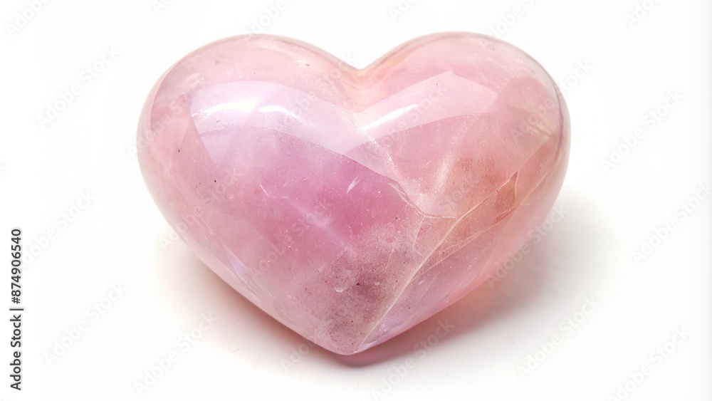 Delicate rose quartz heart-shaped crystal gemstone isolated on pure white background, radiating soft pink gentle loving warm feminine energy. Delicate rose quartz heart-shaped crystal gemstone isolated on pure white background, radiating soft pink gentle loving warm feminine energy.