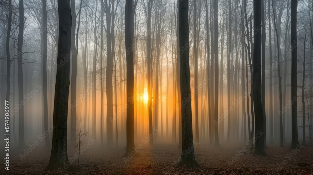 Sunrise casts a warm glow through a misty forest, creating a serene and atmospheric scene. Sunrise casts a warm glow through a misty forest, creating a serene and atmospheric scene.