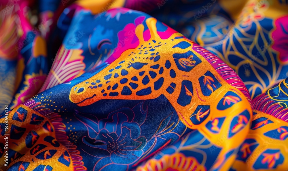 close-up of an intricate pattern on a silk scarf, featuring a giraffe head in vibrant colors with blue and orange hues, floral motifs in pink, yellow, purple, red, and green, on a luxurious fabric