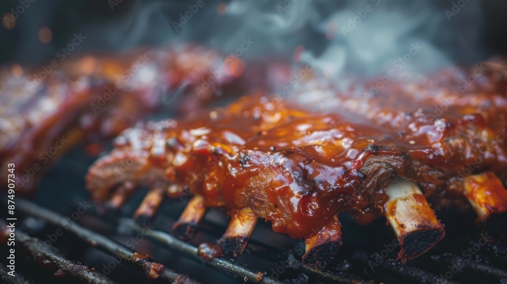 Close-up of barbecue ribs cooking on a grill, covered in delicious sauce and steaming hot. Close-up of barbecue ribs cooking on a grill, covered in delicious sauce and steaming hot.