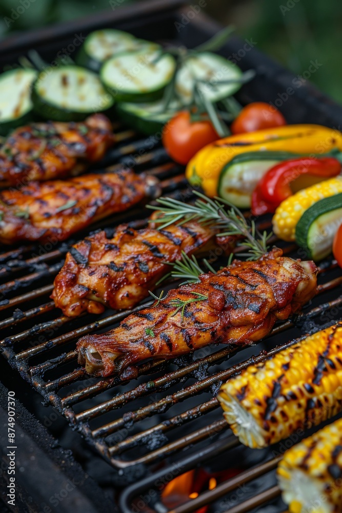 Grilling Chicken wings on hot grill. BBQ. Alongside vegetables like bell peppers, zucchini, and corn. Healthy Grilling.
Grilling Chicken wings on hot grill. BBQ. Alongside vegetables like bell peppers, zucchini, and corn. Healthy Grilling.
