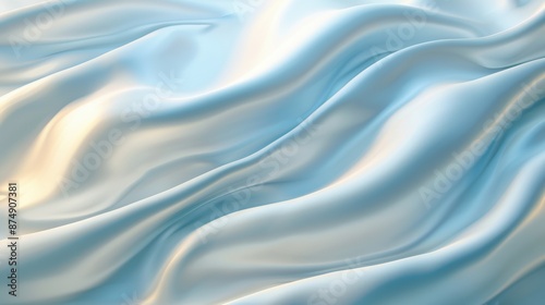 Close-up of smooth light blue silk fabric, showcasing its luxurious and elegant texture with soft lighting. © tashechka