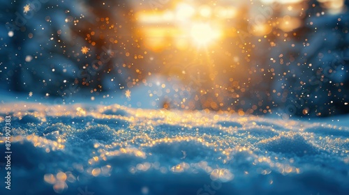 Magical winter snowfall during sunrise, with sparkling snowflakes and a beautiful golden light creating a serene scene.