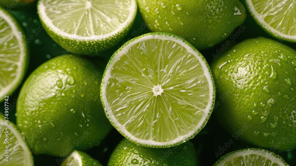 Fresh limes sliced in half, showcasing the vibrant green flesh and juicy segments Fresh limes sliced in half, showcasing the vibrant green flesh and juicy segments
