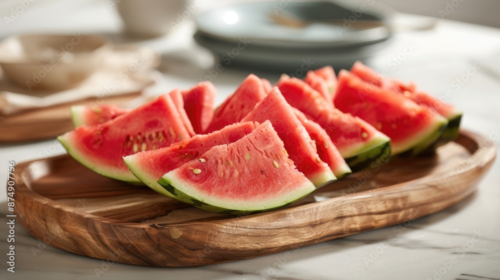 Freshly cut watermelon wedges arranged on a wooden platter, ready for a summer picnic Freshly cut watermelon wedges arranged on a wooden platter, ready for a summer picnic